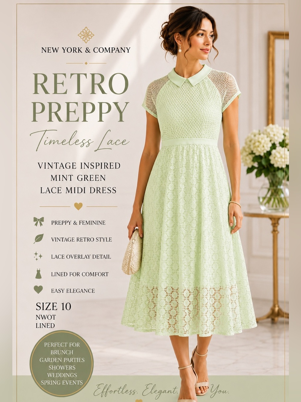 NEW YORK & CO Vintage Green Lace Midi Dress Coquette Preppy Tea party SZ 10